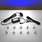 Lighting kit with 18mm blue LED bulbs and power adapter on a gray surface