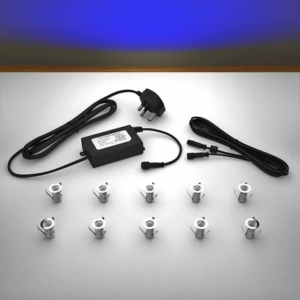 Lighting kit with 18mm blue LED bulbs and power adapter on a gray surface
