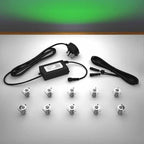 Lighting kit with 18mm green LED bulbs and power adapter on a gray surface