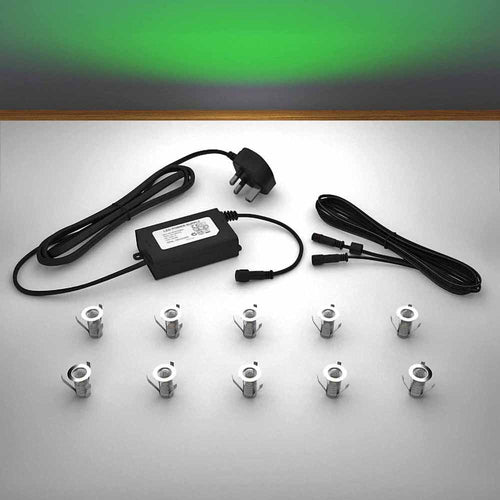 Lighting kit with 18mm green LED bulbs and power adapter on a gray surface