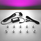 Lighting kit with 18mm pink LED bulbs and power adapter on a gray surface