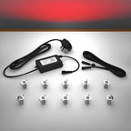 Lighting kit with 18mm red LED bulbs and power adapter on a gray surface