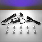 Lighting kit with 18mm UV LED bulbs and power adapter on a gray surface
