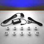 Lighting kit with 30mm blue LED bulbs and power adapter on a gray 