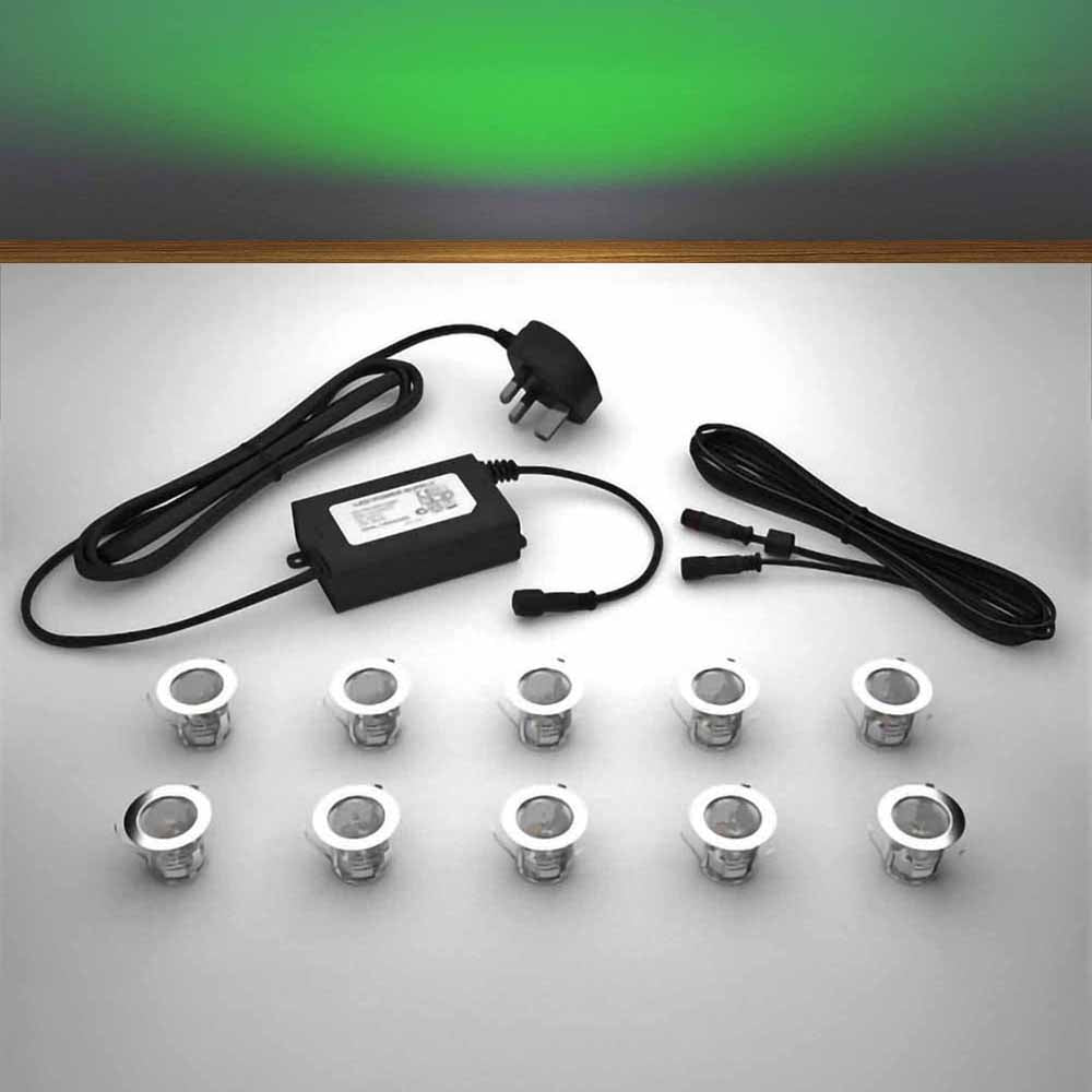 Lighting kit with 30mm green LED bulbs and power adapter on a gray 