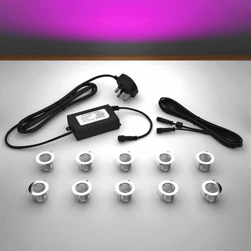 Lighting kit with 30mm pink LED bulbs and power adapter on a gray 