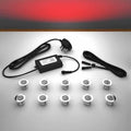 Lighting kit with 30mm red LED bulbs and power adapter on a gray 