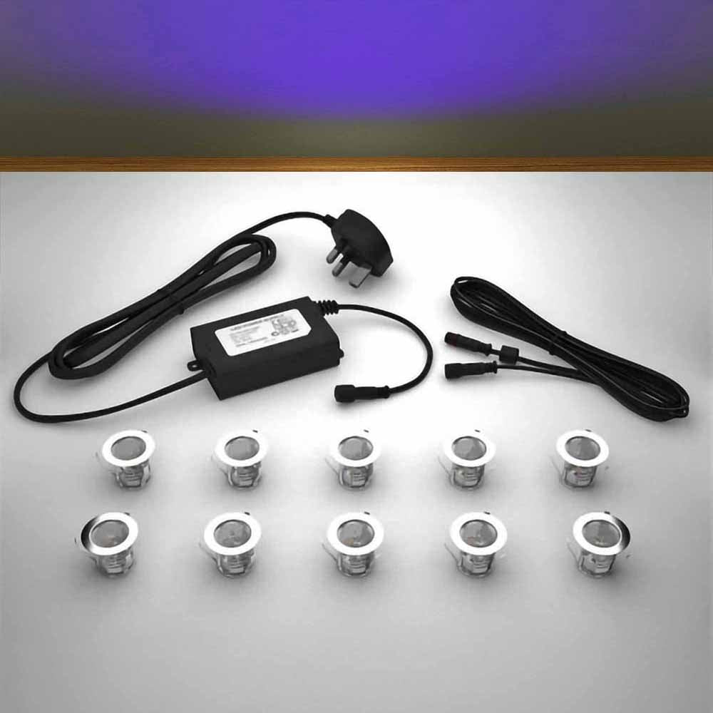 Lighting kit with 30mm UV LED bulbs and power adapter on a gray 