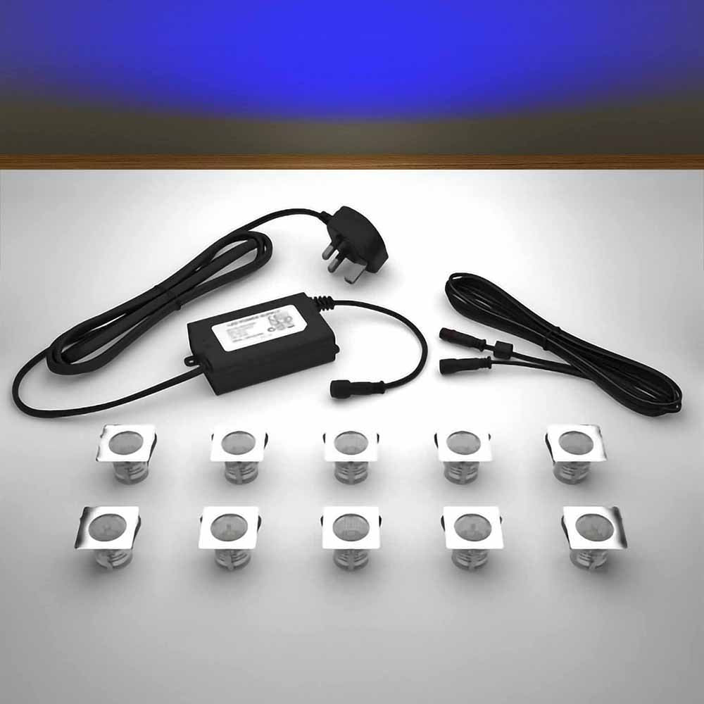 Lighting kit with 30mm square blue LED bulbs and power adapter on a gray 