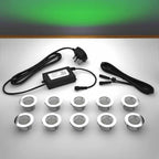 Lighting kit with 45mm green LED bulbs and power adapter on a gray surface