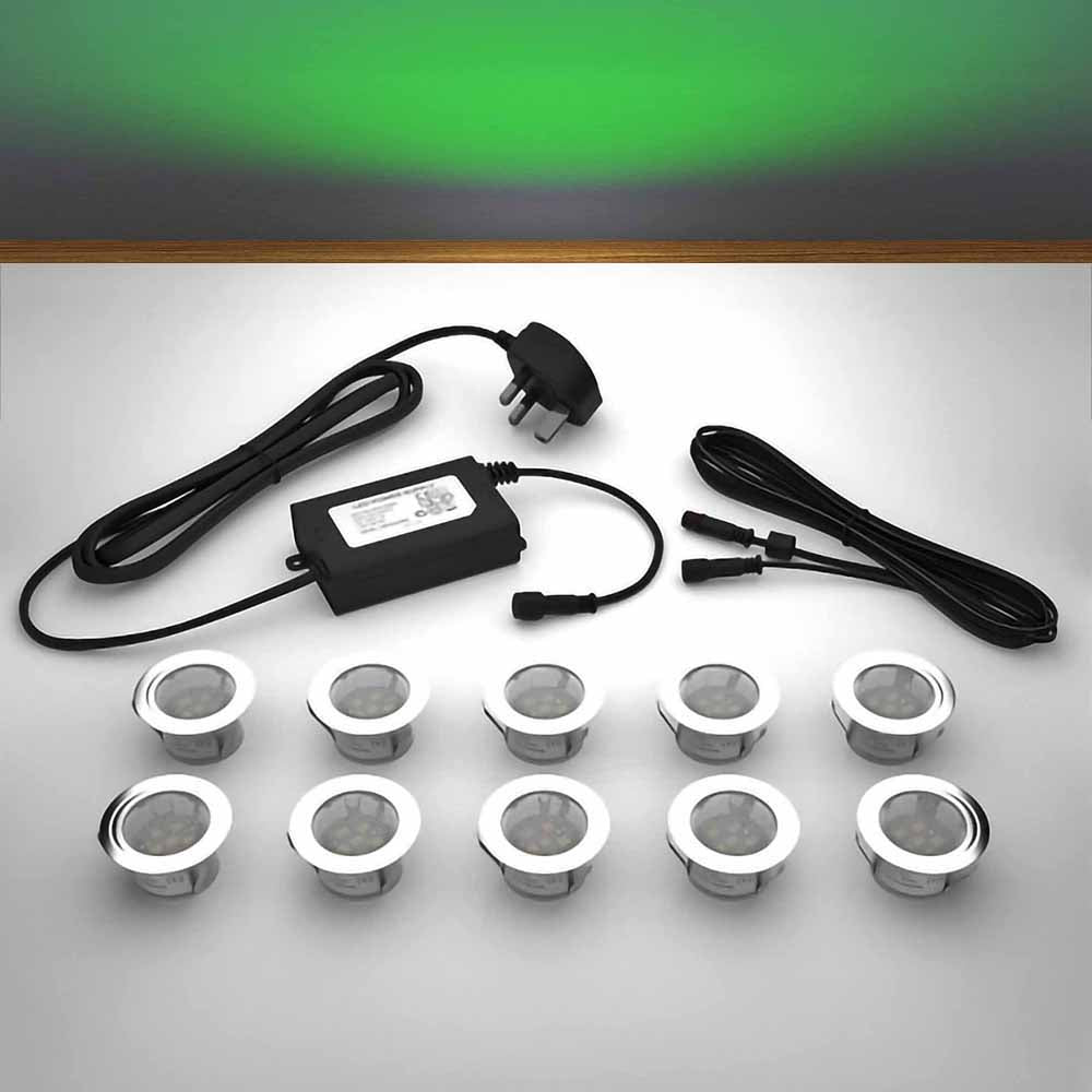 Lighting kit with 45mm green LED bulbs and power adapter on a gray surface