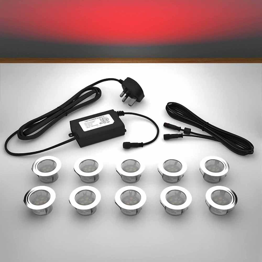 Lighting kit with 45mm red LED bulbs and power adapter on a gray surface