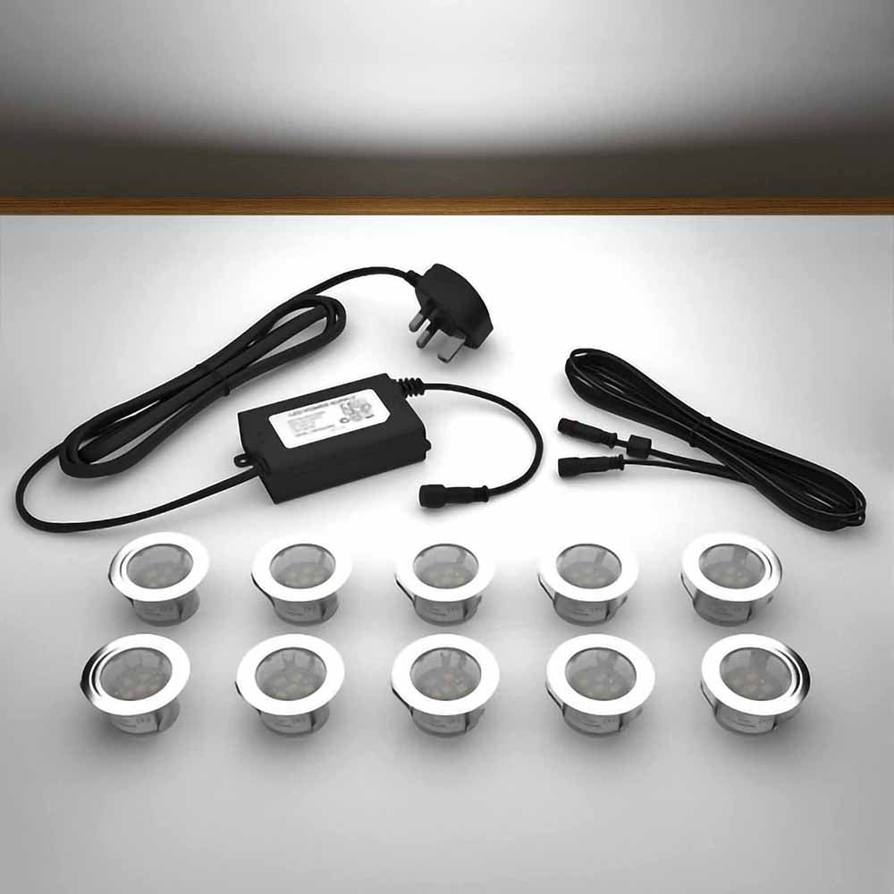 Lighting kit with 45mm white LED bulbs and power adapter on a gray surface