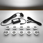 Lighting kit with 45mm white LED bulbs and power adapter on a gray surface