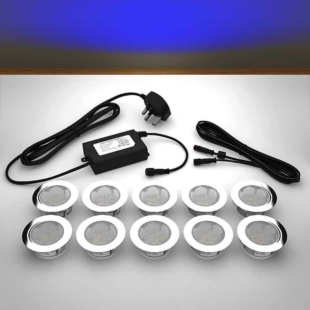 Lighting kit with 60mm blue LED bulbs and power adapter on a gray surface