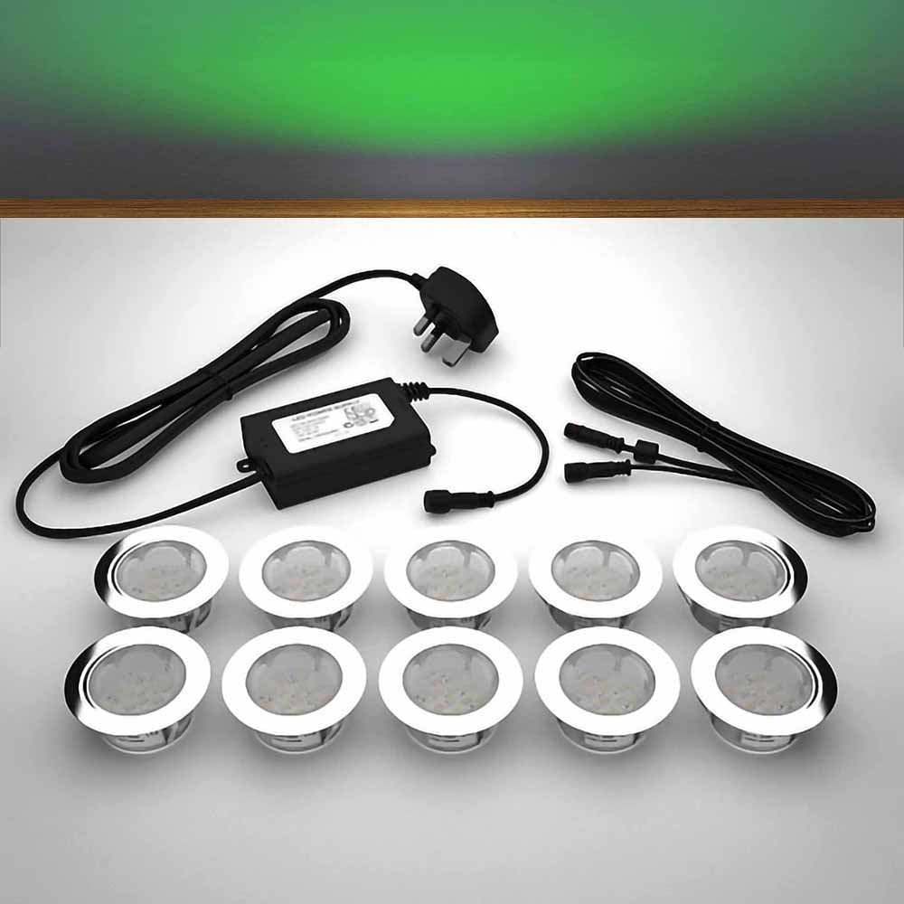 Lighting kit with 60mm green LED bulbs and power adapter on a gray surface