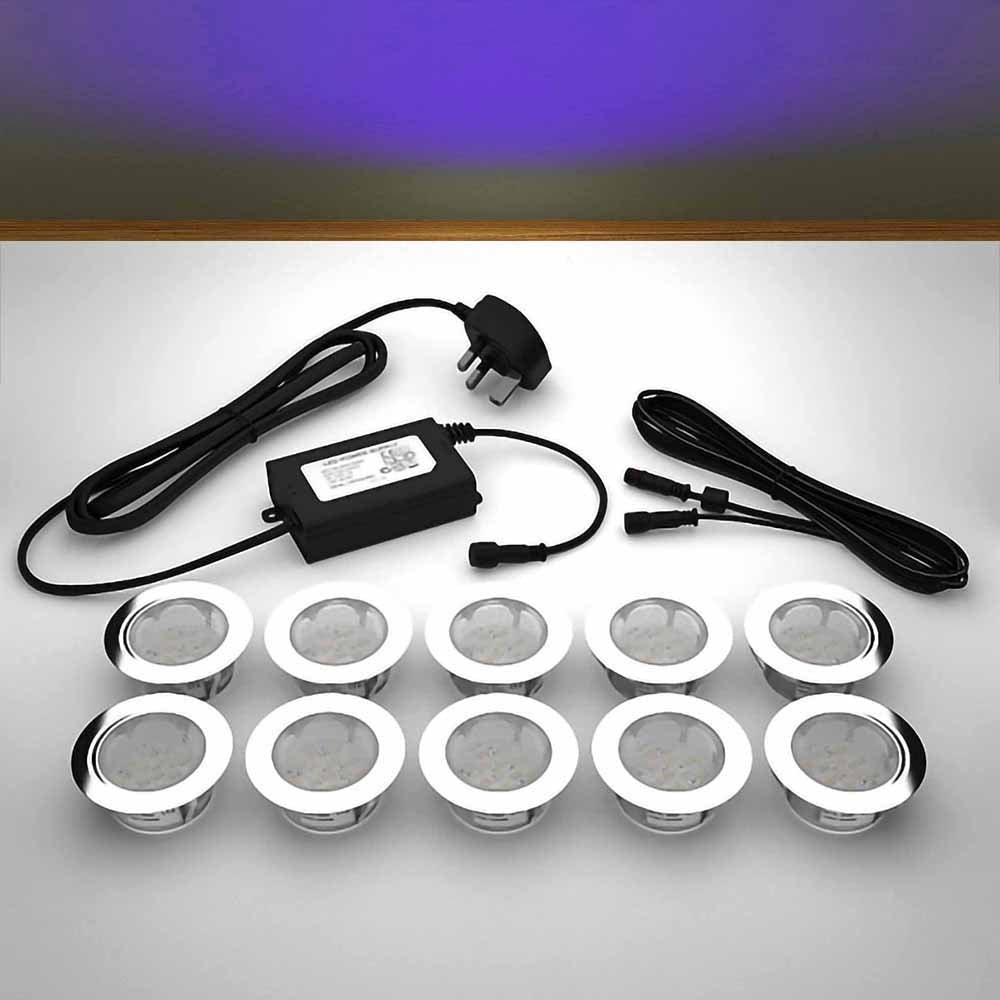 Lighting kit with 60mm ultra violet LED bulbs and power adapter on a gray surface