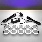 Lighting kit with 60mm ultra violet LED bulbs and power adapter on a gray surface