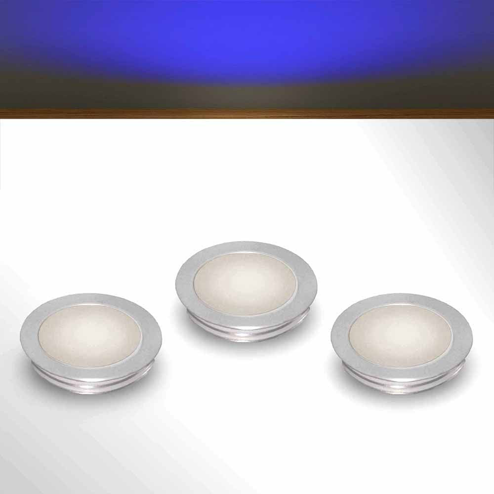 Slimline floor lighting kit with blue LED bulbs on a gray surface