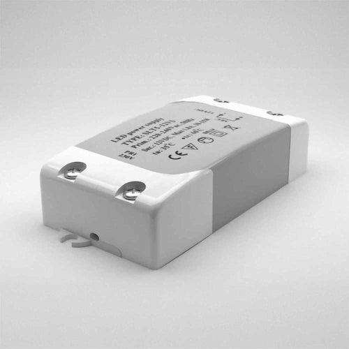 Rectangular white 12v DC inline transformer on a light gray background