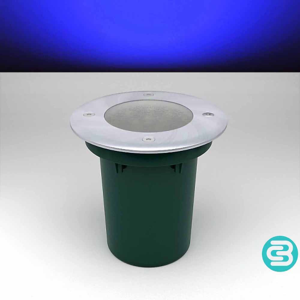 Blue LED in ground light fixture on a gray background