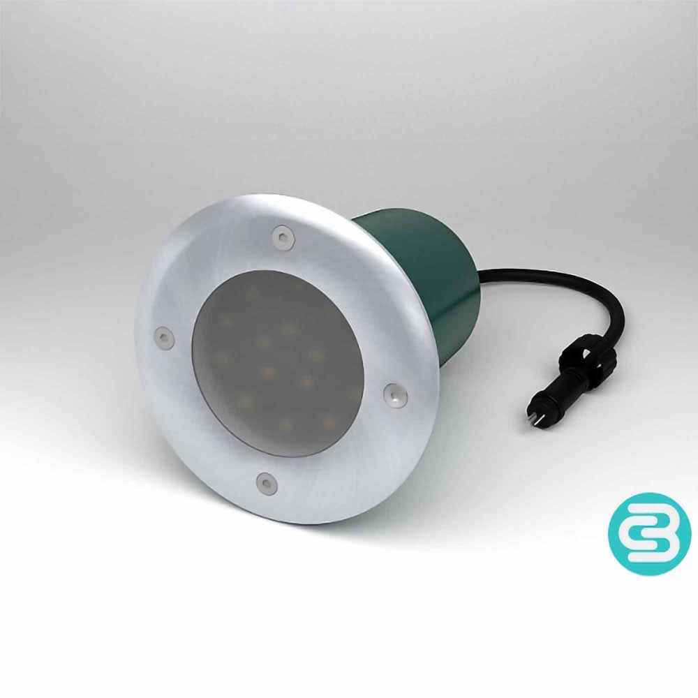 LED in ground light fixture with wiring on a gray background