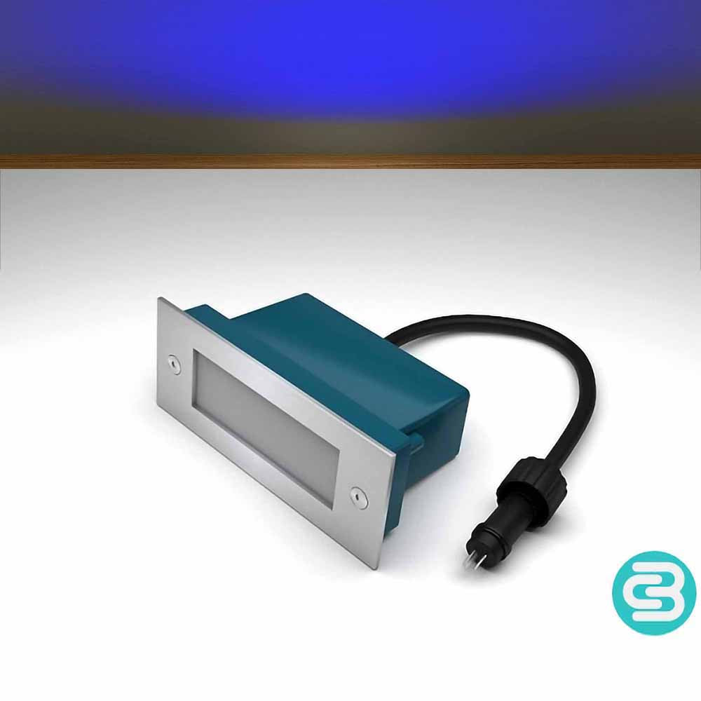 Blue LED wall light with a black cable on a gray background