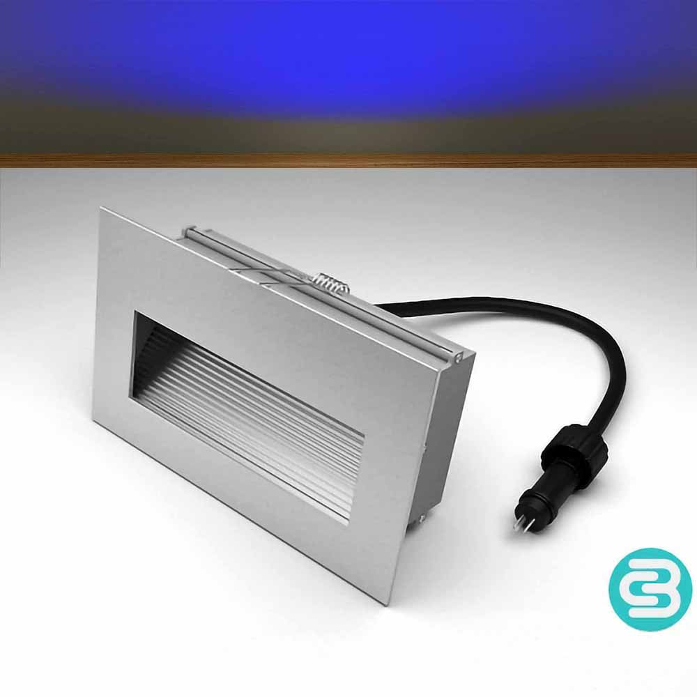 Blue LED wall downlight with a black cable on a gray background