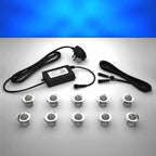 Domed lighting kit with 30mm blue LED bulbs and power adapter on a gray surface