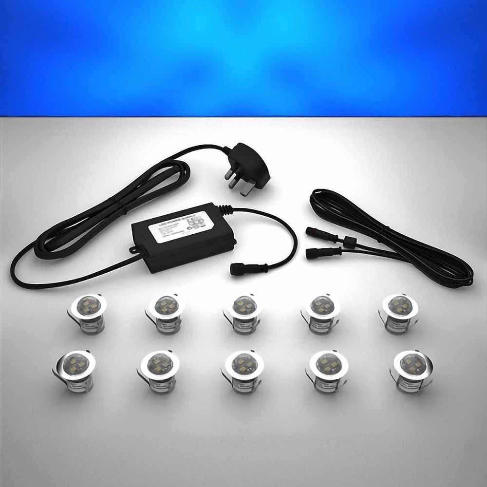 Domed lighting kit with 30mm blue LED bulbs and power adapter on a gray surface