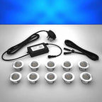 Domed lighting kit with 45mm blue LED bulbs and power adapter on a gray surface
