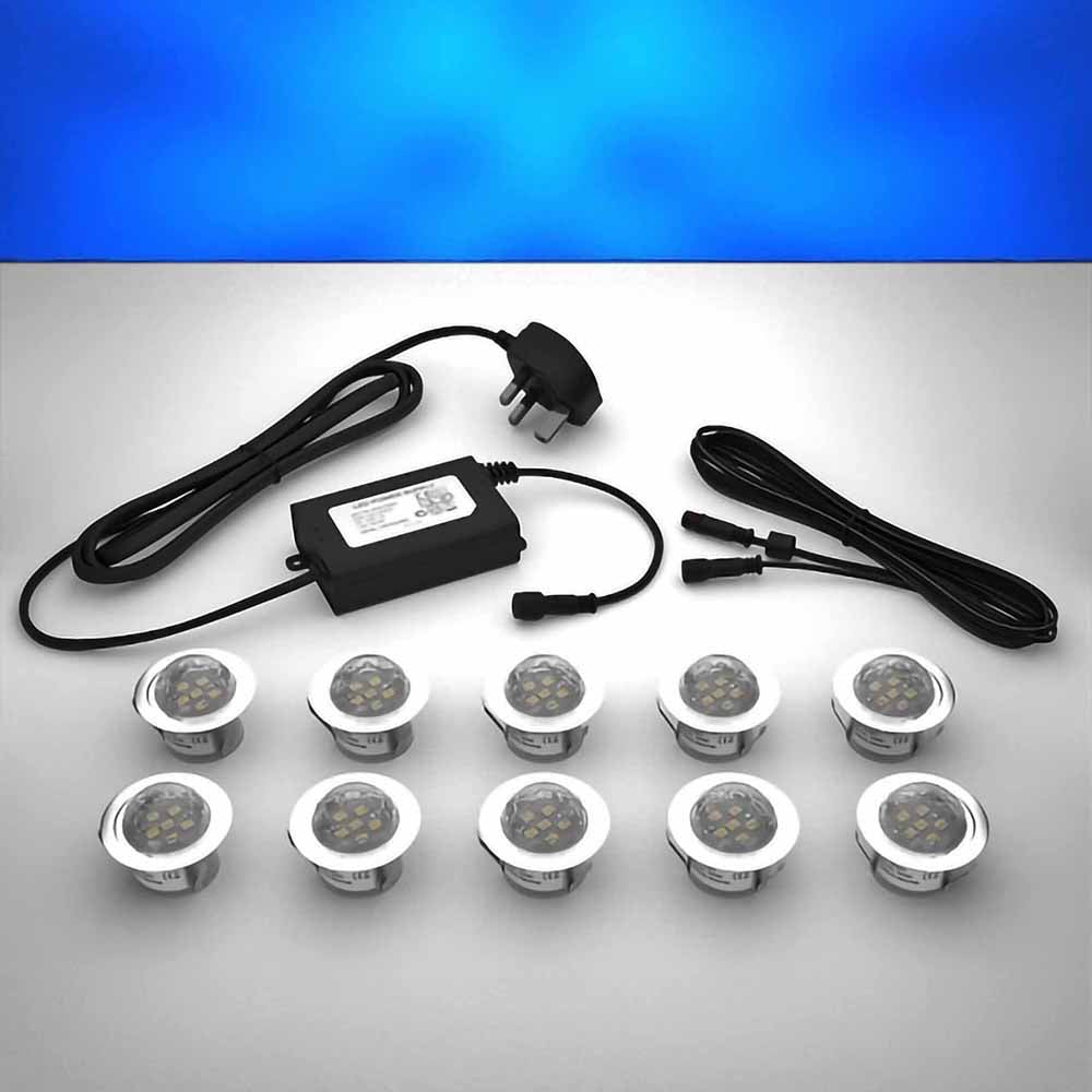 Domed lighting kit with 45mm blue LED bulbs and power adapter on a gray surface