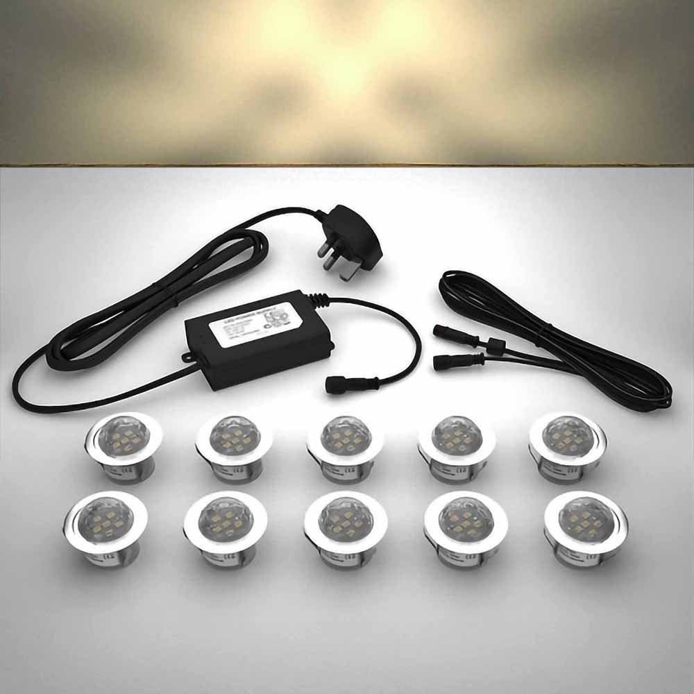 Domed lighting kit with 45mm warm white LED bulbs and power adapter on a gray surface