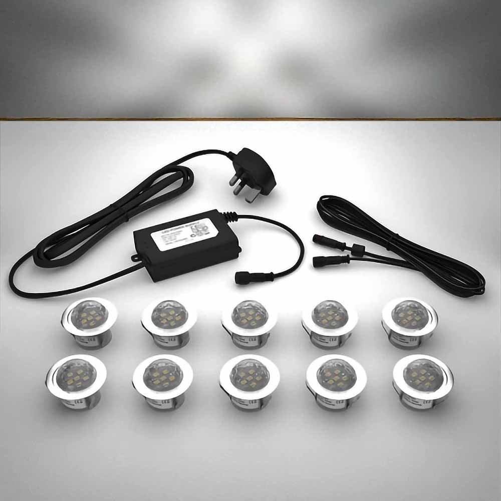 Domed lighting kit with 45mm white LED bulbs and power adapter on a gray surface