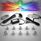 RGB colour changing 30mm lighting kit with LED bulbs and power adapter on a gray surface with a colour starburst