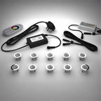 RGB colour changing lighting kit with 30mm LED bulbs and power adapter on a gray surface