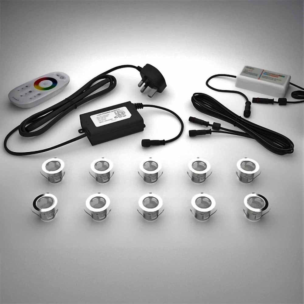 RGB colour changing lighting kit with 30mm LED bulbs and power adapter on a gray surface