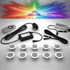 RGB colour changing 45mm lighting kit with LED bulbs and power adapter on a gray surface with a colour starburst
