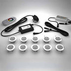 RGB colour changing lighting kit with 45mm LED bulbs and power adapter on a gray surface