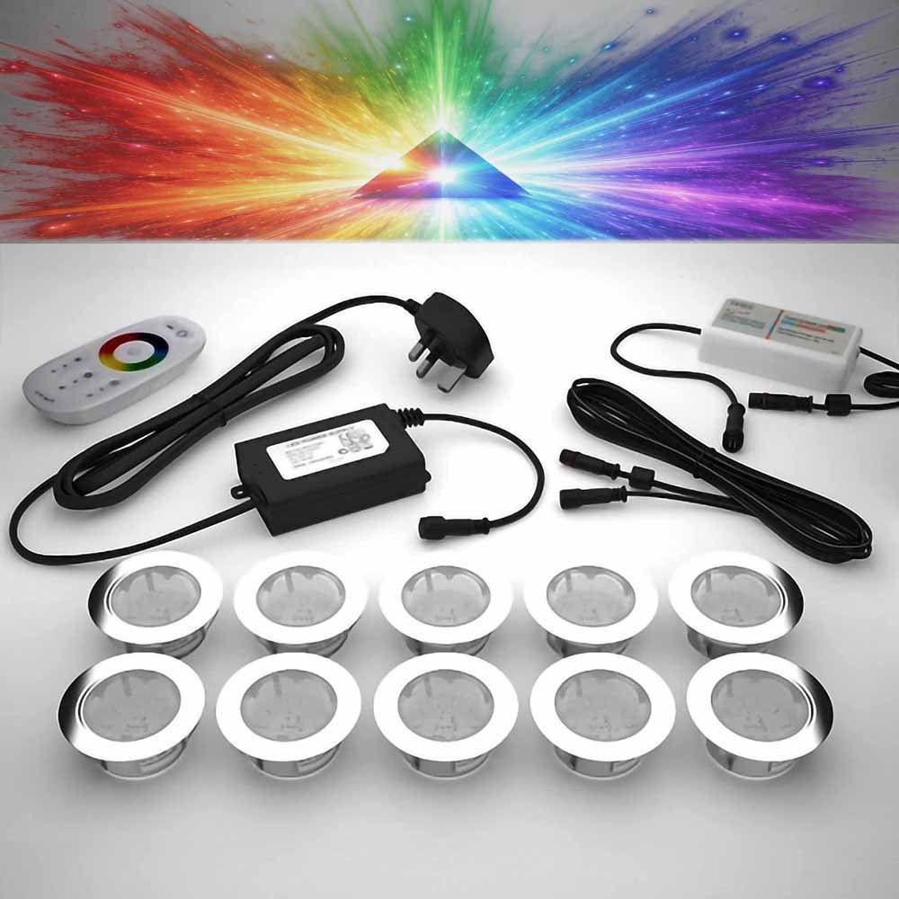 RGB colour changing 60mm lighting kit with LED bulbs and power adapter on a gray surface with a colour starburst