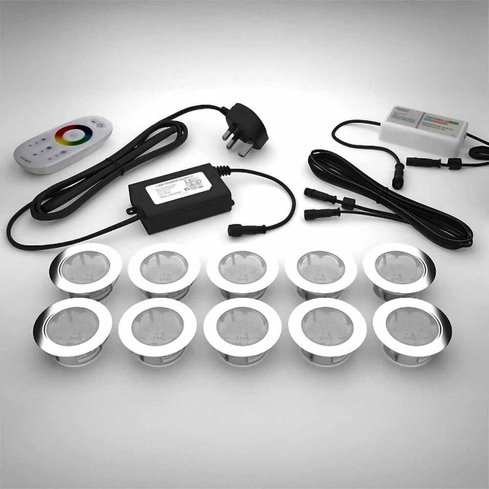 RGB colour changing lighting kit with 60mm LED bulbs and power adapter on a gray surface