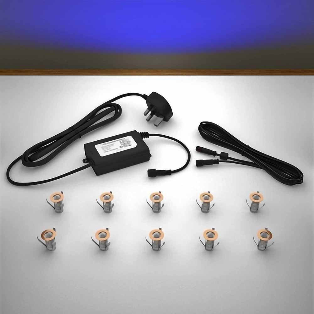 Copper lighting kit with 18mm blue LED bulbs and power adapter on a gray surface