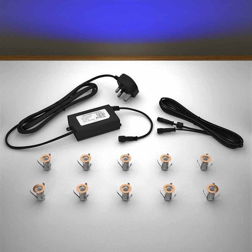 Copper lighting kit with 18mm blue LED bulbs and power adapter on a gray surface