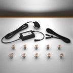 Copper lighting kit with 18mm white LED bulbs and power adapter on a gray surface