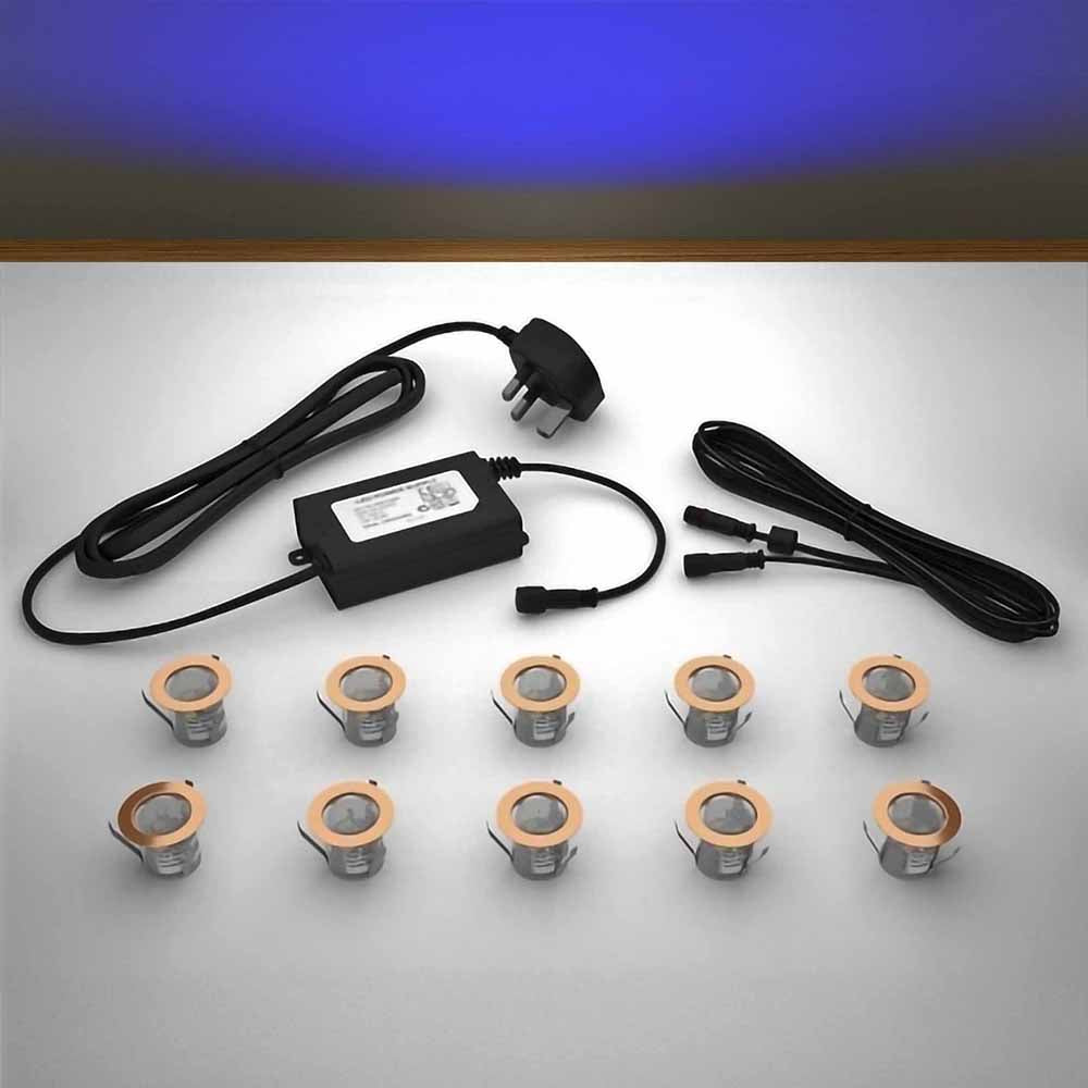 Copper lighting kit with 30mm blue LED bulbs and power adapter on a gray surface