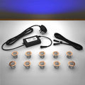Copper lighting kit with 30mm blue LED bulbs and power adapter on a gray surface