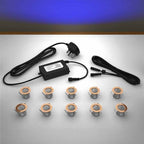 Copper lighting kit with 30mm blue LED bulbs and power adapter on a gray surface