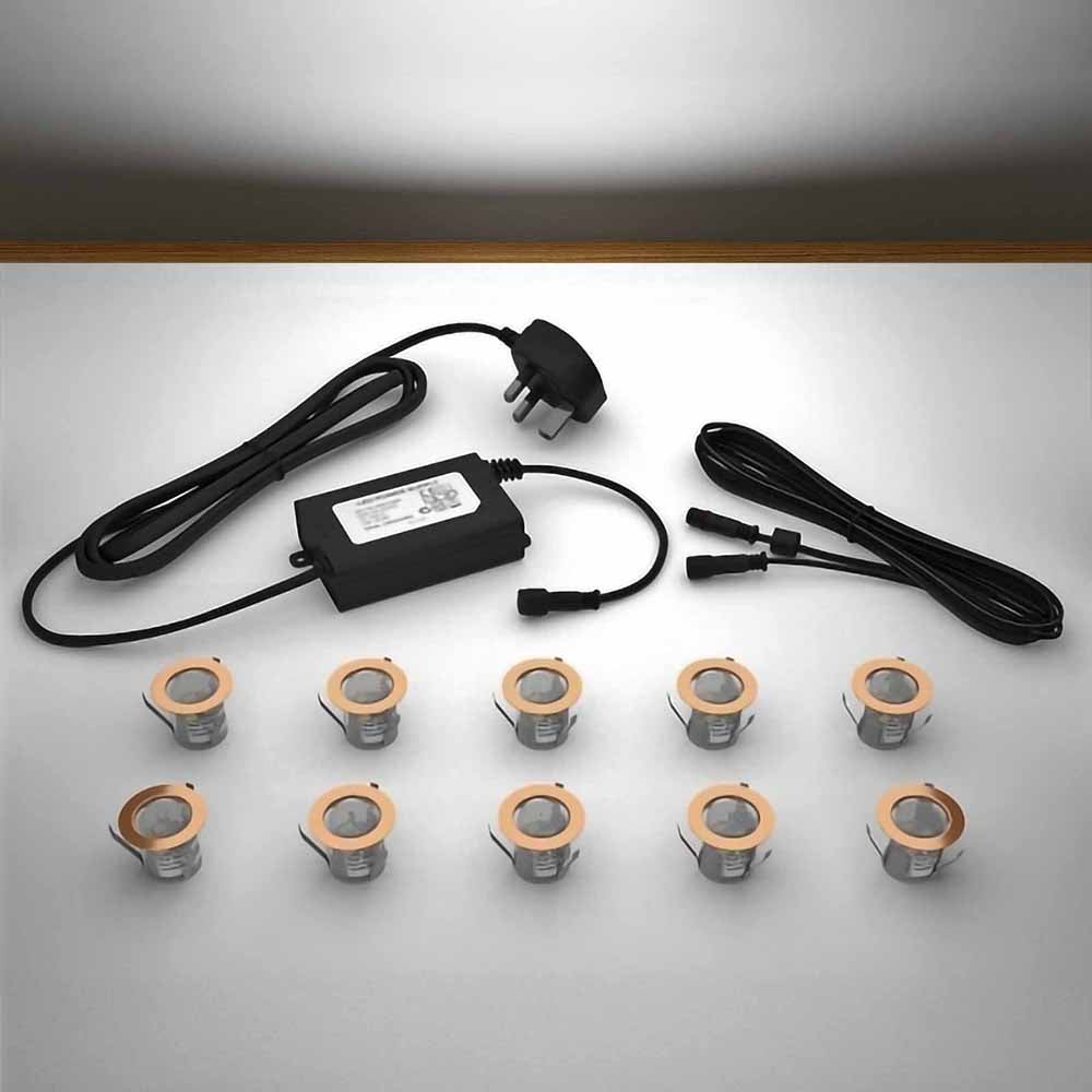 Copper lighting kit with 30mm white LED bulbs and power adapter on a gray surface