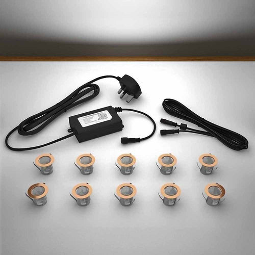 Copper lighting kit with 30mm white LED bulbs and power adapter on a gray surface