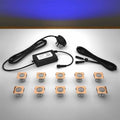 Copper square lighting kit with 30mm blue LED bulbs and power adapter on a gray surface
